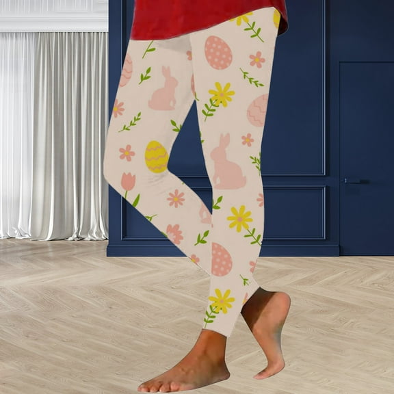 FUNUONY Easter Leggings for Women Workout Tights Yoga Pants High Waist Soft Stretch Tummy Control Cute Rabbit Eggs Graphic Trousers Easter Bunny Egg Printed Slimming Yoga Pants Pink L