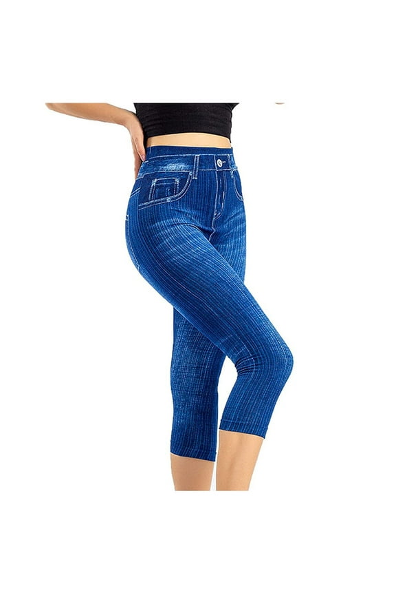 Jeggings for Women Pull On Capri Jeans Stretchy Jean Capris High Waisted Denim Capri Leggings Casual Pants Waist Elastic Jeans Leggings High Leggings Women's Imitation Pants Blue L