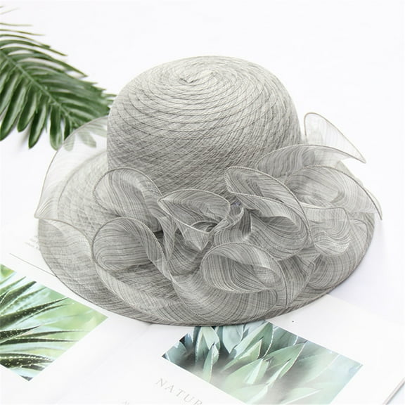 FUNUONY Women's Party Church Derby Top Hats Organza Sun Visor Cap Ladies Flowers Fascinators Wide Brim Fedoras Party Wedding Tea Fascinator Women's Hat Bridal Caps Light Grey One Size