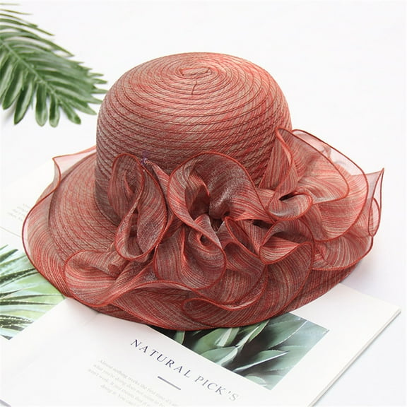 FUNUONY Women's Party Church Derby Top Hats Organza Sun Visor Cap Ladies Flowers Fascinators Wide Brim Fedoras Party Wedding Tea Fascinator Women's Hat Bridal Caps Red One Size