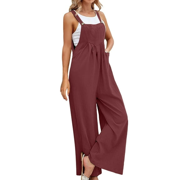 FUNUONY Wide Leg Overalls for Womens Casual Cotton Linen Baggy Loose Adjustable Strap Summer Beach Jumpsuits Romper Popular Women's Pants Solid Color Women's Casual Pants Overalls Wine Xl