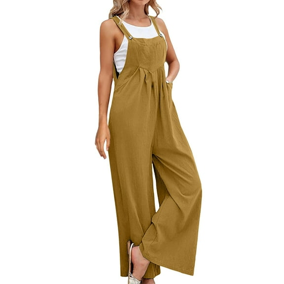 FUNUONY Wide Leg Overalls for Womens Casual Cotton Linen Baggy Loose Adjustable Strap Summer Beach Jumpsuits Romper Popular Women's Pants Solid Color Women's Casual Pants Overalls Gold L