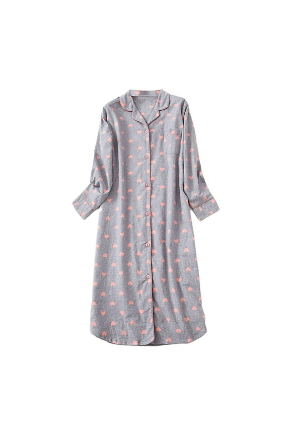 Women's Cotton Nightgown Button Down Nightshirt Long Sleeve Sleep Shirt Dress Sleepwear Pajama Top Women Autumn and Winter Cotton Oversize Pajamas and Home Wear Grey M