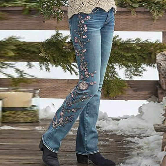 FUNUONY Big Sale!! Women's Retro Jeans High Waisted with Pocket Slim Fit Boot Cut Jeans for Women Flower Embroidered Jeans Trousers Women Retro High Waisted Elastic Slim Embroidered Jeans Blue M