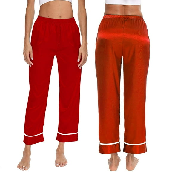 FUNUONY Womens Satin Pajama Pants Casual Loose Lounge Pants Elastic Waist Wide Leg Pj Bottoms Pant Pants Women Satin Long Nightwear Lace Trim Cami Pajama Strap Sleepwear Red S