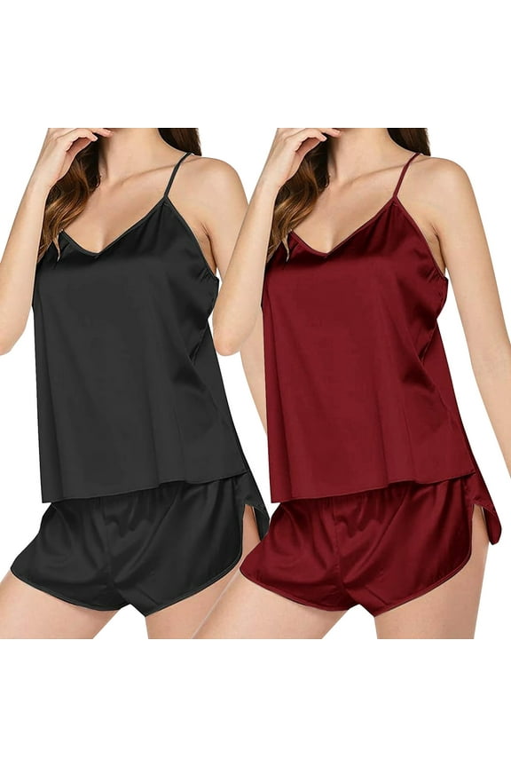 Womens Silk Pajamas Set Satin Camisole Pjs V Neck Sleepwear Set ,2 Piece Tank Top and 2 Piece Shorts Lace Camisole Undershirt Sleeveless Shorts Women's Loungewear Bronze L