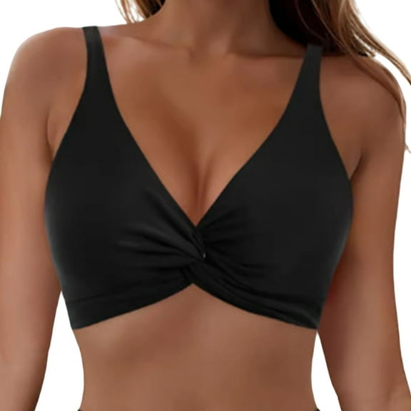 FUNUONY Bikini Tops for Women Cropped Tankini Tops Swimsuit Top Soft Comfortable Large Breasts V Neck Wrap Look Bralette Swimwear Beach Padded Knot Twist Cut Out Swimwear Top Only Black Xxl