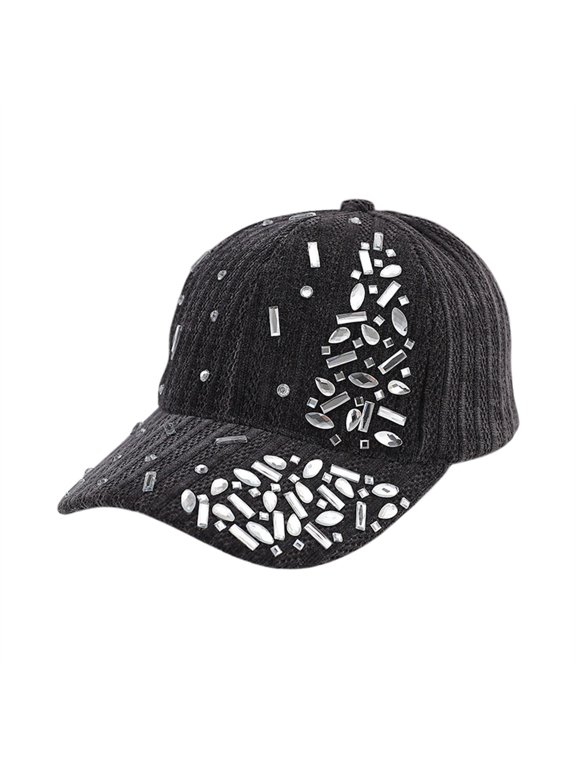 FUNUONY Bling Rhinestone Baseball Cap Unisex Corduroy Crystal Studded Trucker Hat,Adjustable Vintage Face Slimming Sun Visor Cap for Daily Errands Festival Styling Summer Strolls Black One Size