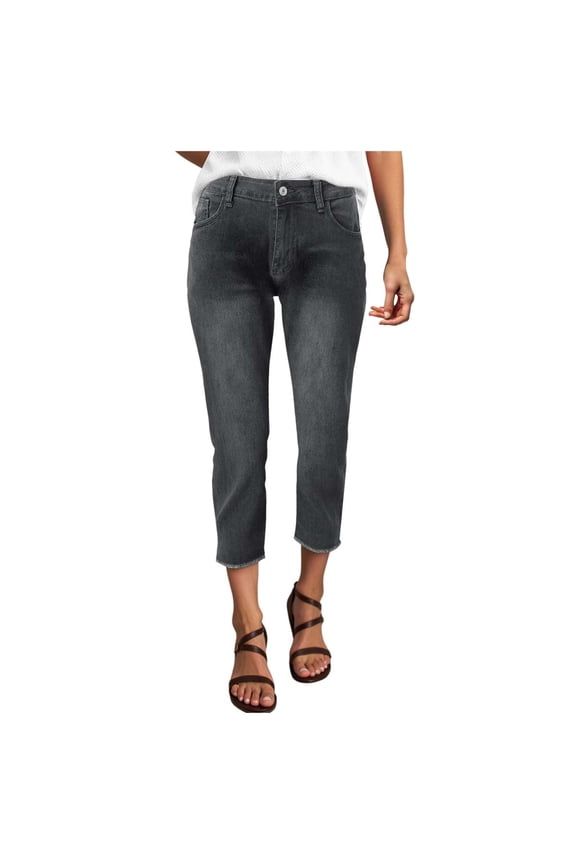 Capri Jeans for Women High Waisted Slim Straight Denim Capris Pants with Pockets Casual Cropped Jeans Damen Jeans Leggings 7/8 High Waist Caprihose Skinny Mom Jeggings Grey M