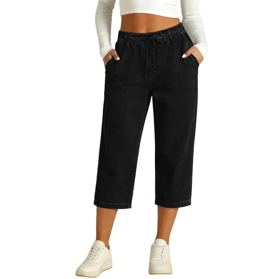 FUNUONY Capri Jeans for Women Drawstring High Rise Wide Leg Jeans with Pockets Summer Casual Relaxed Fit Cropped Denim Pants Black S-3XL