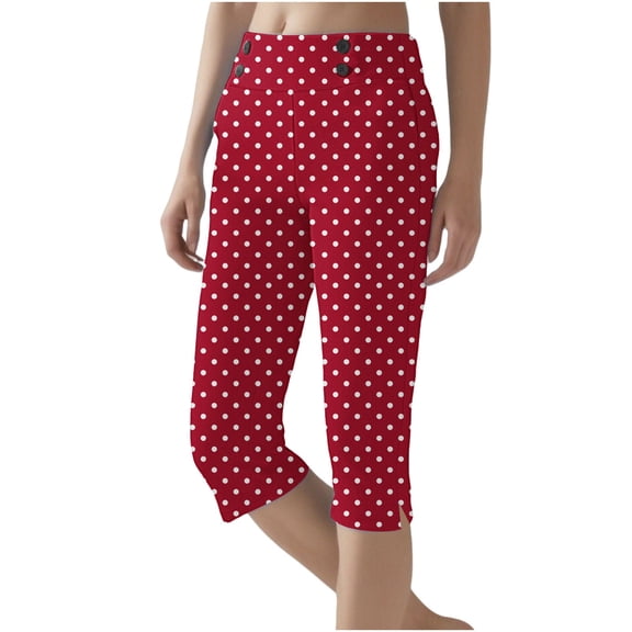 FUNUONY Capri Leggings for Women - Polka Dot Straight Leg Stretch Tummy Control Yoga Pants for Cycling Workout Pants High Waisted Crop Work Pants Summer Casual Point Slacks Yoga Dress Pant Red Xl