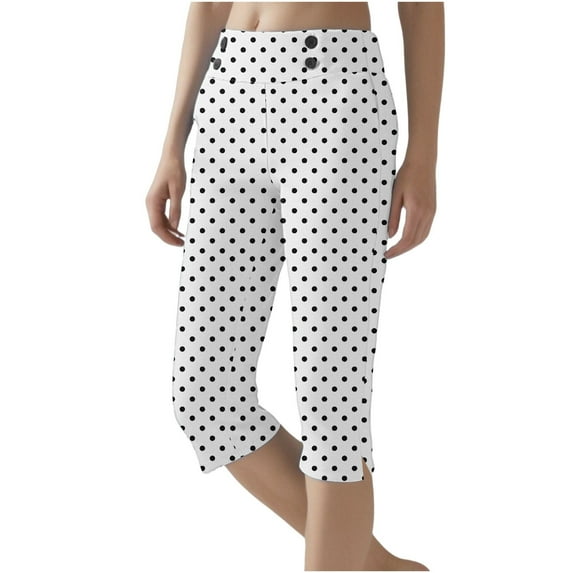 FUNUONY Capri Leggings for Women - Polka Dot Straight Leg Stretch Tummy Control Yoga Pants for Cycling Workout Pants High Waisted Crop Work Pants Summer Casual Point Slacks Yoga Dress Pant White 4Xl