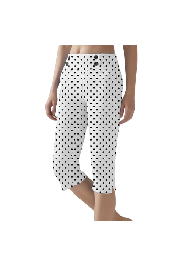 Capri Leggings for Women - Polka Dot Straight Leg Stretch Tummy Control Yoga Pants for Cycling Workout Pants High Waisted Crop Work Pants Summer Casual Point Slacks Yoga Dress Pant White S