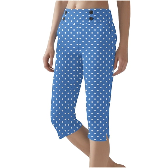FUNUONY Capri Leggings for Women - Polka Dot Straight Leg Stretch Tummy Control Yoga Pants for Cycling Workout Pants High Waisted Crop Work Pants Summer Casual Point Slacks Yoga Dress Pant Blue S