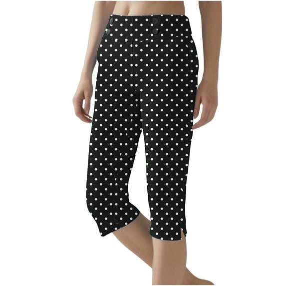 FUNUONY Capri Leggings for Women - Polka Dot Straight Leg Stretch Tummy Control Yoga Pants for Cycling Workout Pants High Waisted Crop Work Pants Summer Casual Point Slacks Yoga Dress Pant Black L