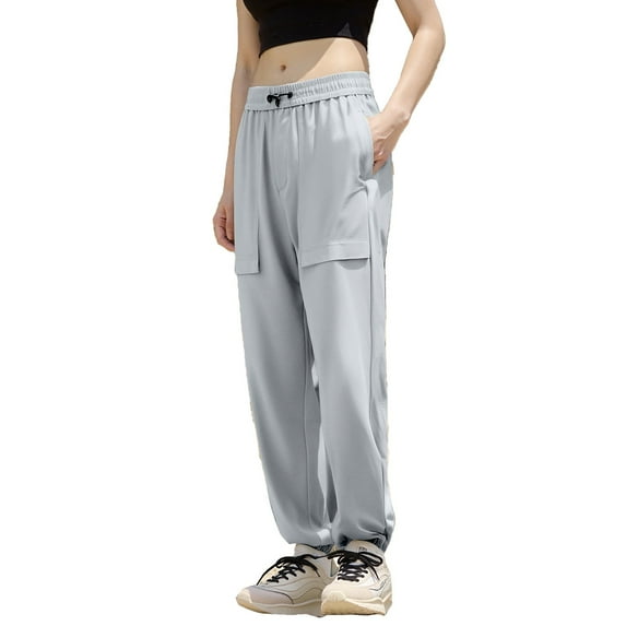 FUNUONY Cargo Pants for Women High Waisted Casual Pants Baggy Loose Wide Leg Y2K Streetwear with Pockets Pants Thin Loose Breathable Quick Drying Pants Casual Closure Sports Ankle Pants Light Ashy S