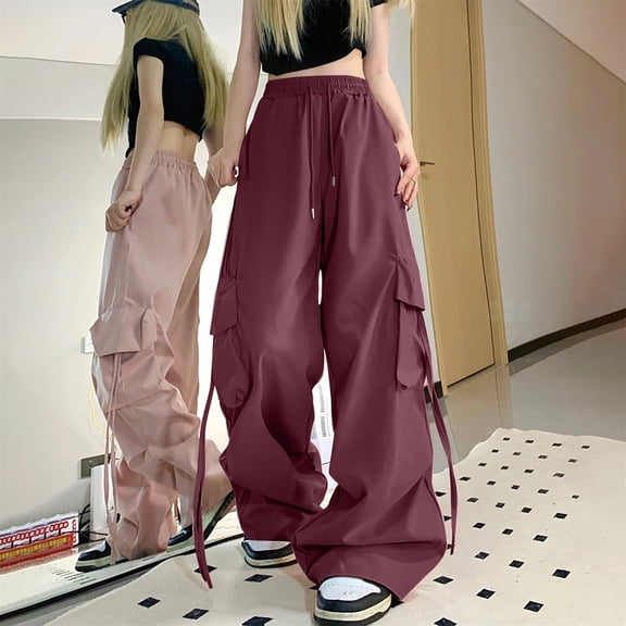 FUNUONY Cargo Pants Women Jogger Cargo Pants for Women 2025 Trendy Loose Wide Leg Pants Woman American Hot Girl Work Pants Women's Summer Versatile Loose Hip Hop Design Sense Wide Leg Pants Red Xl
