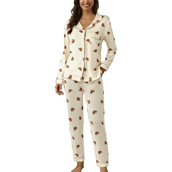 FUNUONY Cotton Pajamas for Women Set 2 Piece Long Sleeve Button Up Sleepwear Loose Pj Pants Sets Soft Comfy Loungewear Casual Lapel Button Print Two Piece Long Sleeve Pajamas Pajamas Suit Beige L