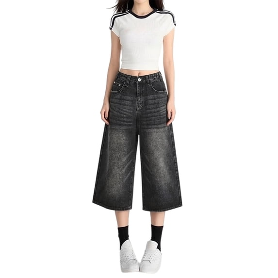 FUNUONY Cropped Jeans for Women Men High Waist Wide Leg Baggy Jorts Y2K Casual Denim Capris Pants Grunge Summer Clothes. Black S-3XL