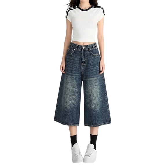 FUNUONY Cropped Jeans for Women Men High Waist Wide Leg Baggy Jorts Y2K Casual Denim Capris Pants Grunge Summer Clothes. Dark Blue S-3XL