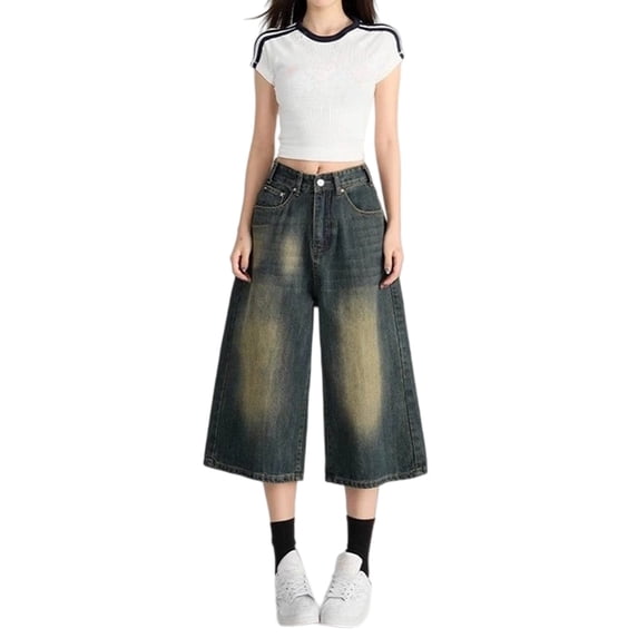 FUNUONY Cropped Jeans for Women Men High Waist Wide Leg Baggy Jorts Y2K Casual Denim Capris Pants Grunge Summer Clothes. Navy S-3XL