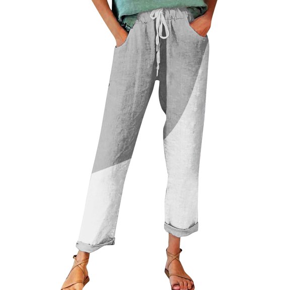 FUNUONY Cropped Pants for Women Linen Pants Women Women's Autumn Fragrant Linen Linen Print Casual Pants – Perfect for Spring Comfortable and Trendy for Relaxed Days and Everyday Wear Grey L