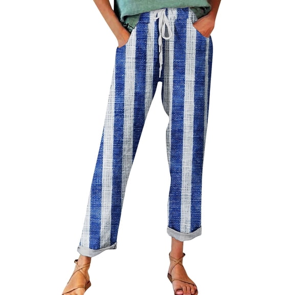 FUNUONY Cropped Pants for Women Stripe Printed Linen Pants Women Autumn Fragrant Linen Linen Print Casual Pants – Perfect for Spring Comfortable and Trendy for Relaxed Days and Everyday Wear Blue S