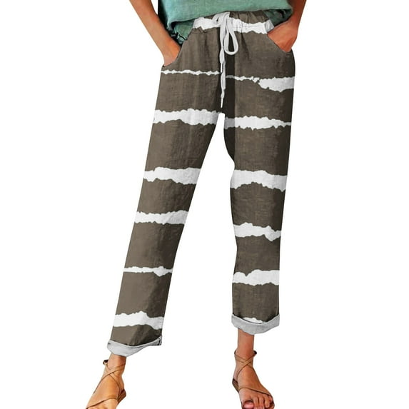 FUNUONY Cropped Pants for Women Stripe Printed Linen Pants Women Autumn Fragrant Linen Linen Print Casual Pants – Perfect for Spring Comfortable and Trendy for Relaxed Days and Everyday Wear Grey M