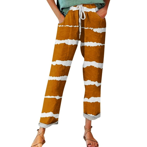 FUNUONY Cropped Pants for Women Stripe Printed Linen Pants Women Autumn Fragrant Linen Linen Print Casual Pants – Perfect for Spring Comfortable and Trendy for Relaxed Days and Everyday Wear Gold L