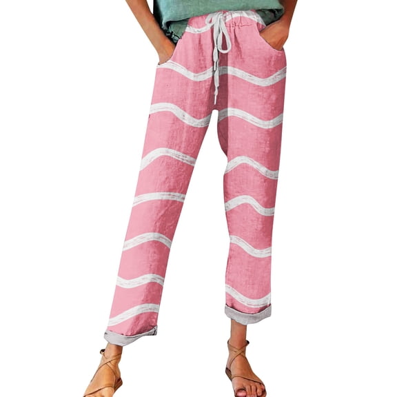 FUNUONY Cropped Pants for Women Stripe Printed Linen Pants Women Autumn Fragrant Linen Linen Print Casual Pants – Perfect for Spring Comfortable and Trendy for Relaxed Days and Everyday Wear Pink S