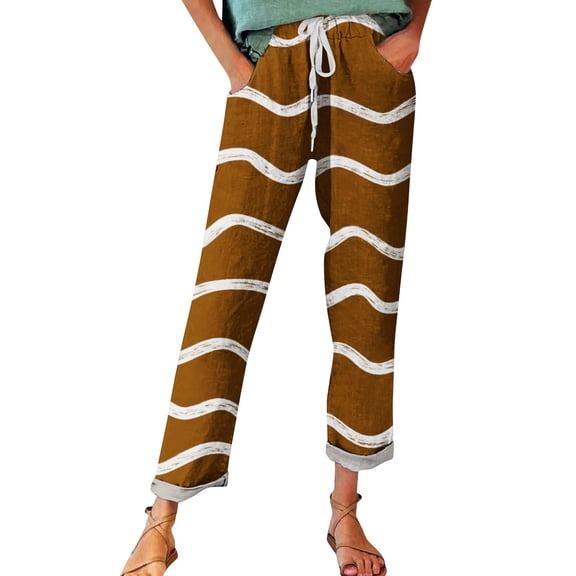 FUNUONY Cropped Pants for Women Stripe Printed Linen Pants Women Linen Print Casual Pants – Perfect for Spring Comfortable and Trendy for Relaxed Days and Everyday Wear Brown 3Xl