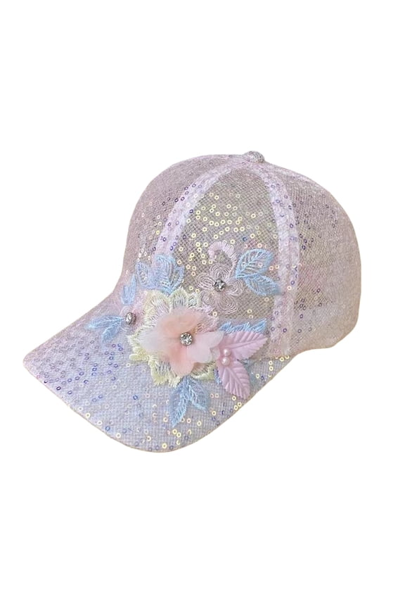 FUNUONY Embroidered Floral Baseball Cap for Women Bling Sequin Mesh Flower Rhinestone Lace Trucker Hat,Adjustable Breathable Hollow Dad Cap Fashion Hip Hop Outdoor Summer Sun Hats Pink One Size
