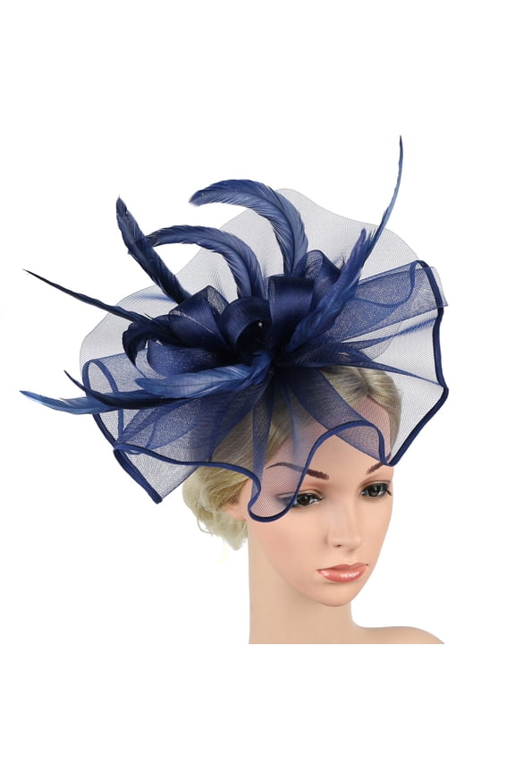 Fascinators Hats for Tea Party Women Girls Flower Feathers Mesh Hat for Cocktail Party Church Wedding Women Hat Headwear Church Feather Clip Fascinators Hat Wedding Cap for Navy One Size