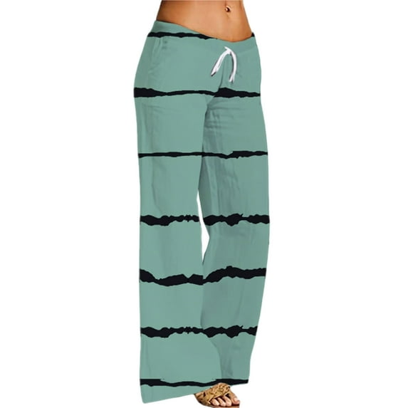 FUNUONY Flowy Wide Leg Palazzo Pants for Women - High Waist Casual Beach Lounge Stripe Pants Loose Dress Pants Stretchy Trousers Casual Loose Pants Comfy Work Pants Elastic Paper Bag Pants Green Xl