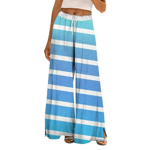 FUNUONY Flowy Wide Leg Palazzo Pants for Women - High Waist Casual Beach Lounge Stripe Pants Loose Dress Pants Stretchy Trousers Dress Pants Petite Wide Leg Summer Beach Casual Trousers Light Blue S