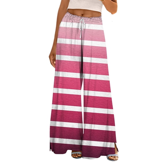 FUNUONY Flowy Wide Leg Palazzo Pants for Women - High Waist Casual Beach Lounge Stripe Pants Loose Dress Pants Stretchy Trousers Dress Pants Petite Wide Leg Summer Beach Casual Trousers Hot Pink Xxl