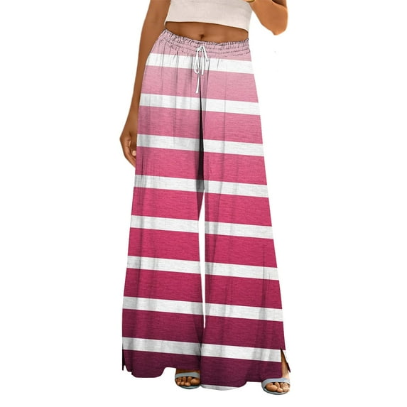 FUNUONY Flowy Wide Leg Palazzo Pants for Women - High Waist Casual Beach Lounge Stripe Pants Loose Dress Pants Stretchy Trousers Dress Pants Petite Wide Leg Summer Beach Casual Trousers Hot Pink Xxl