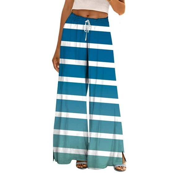FUNUONY Flowy Wide Leg Palazzo Pants for Women - High Waist Casual Beach Lounge Stripe Pants Loose Dress Pants Stretchy Trousers Dress Pants Petite Wide Leg Summer Beach Casual Trousers Sky Blue L