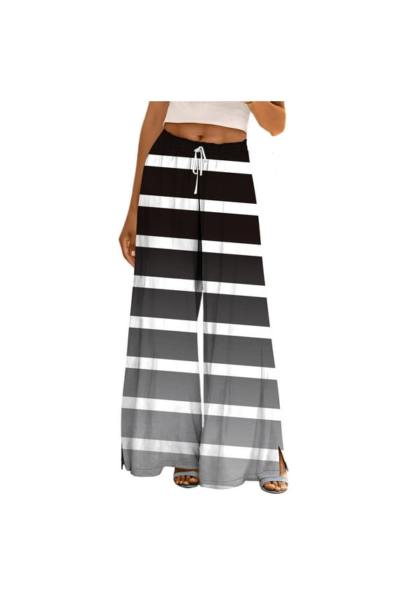 Flowy Wide Leg Palazzo Pants for Women - High Waist Casual Beach Lounge Stripe Pants Loose Dress Pants Stretchy Trousers Dress Pants Petite Wide Leg Summer Beach Casual Trousers Black S