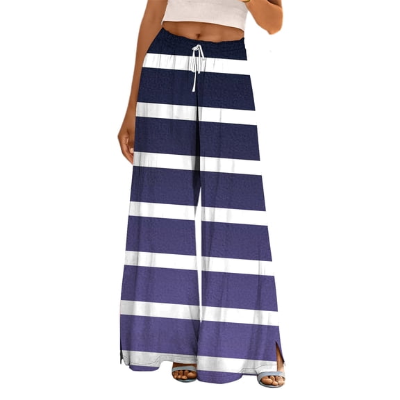 FUNUONY Flowy Wide Leg Palazzo Pants for Women - High Waist Casual Beach Lounge Stripe Pants Loose Dress Pants Stretchy Trousers Dress Pants Petite Wide Leg Summer Beach Casual Trousers Dark Purple Xl