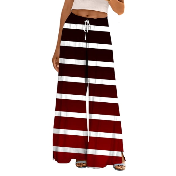 FUNUONY Flowy Wide Leg Palazzo Pants for Women - High Waist Casual Beach Lounge Stripe Pants Loose Dress Pants Stretchy Trousers Dress Pants Petite Wide Leg Summer Beach Casual Trousers Wine Xl