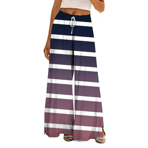 FUNUONY Flowy Wide Leg Palazzo Pants for Women - High Waist Casual Beach Lounge Stripe Pants Loose Dress Pants Stretchy Trousers Dress Pants Petite Wide Leg Summer Beach Casual Trousers Purple S