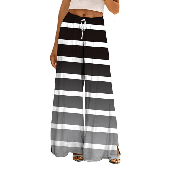 FUNUONY Flowy Wide Leg Palazzo Pants for Women - High Waist Casual Beach Lounge Stripe Pants Loose Dress Pants Stretchy Trousers Dress Pants Petite Wide Leg Summer Beach Casual Trousers Black L