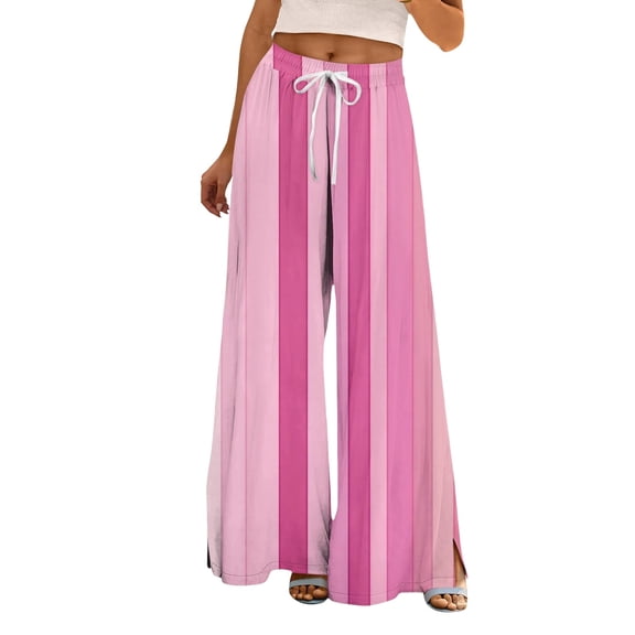 FUNUONY Flowy Wide Leg Palazzo Pants for Women - High Waist Casual Beach Lounge Stripe Pants Loose Dress Pants Stretchy Trousers Summer Casual Print Pocket Wide Elastic Pants Casual Pants Pink M