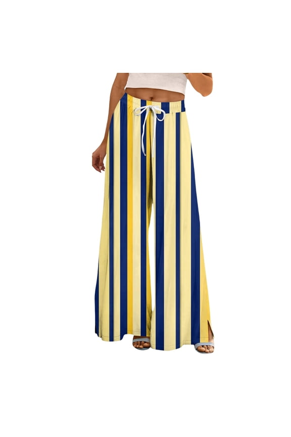 Flowy Wide Leg Palazzo Pants for Women - High Waist Casual Beach Lounge Stripe Pants Loose Dress Pants Stretchy Trousers Summer Casual Print Pocket Wide Elastic Pants Casual Pants Yellow M