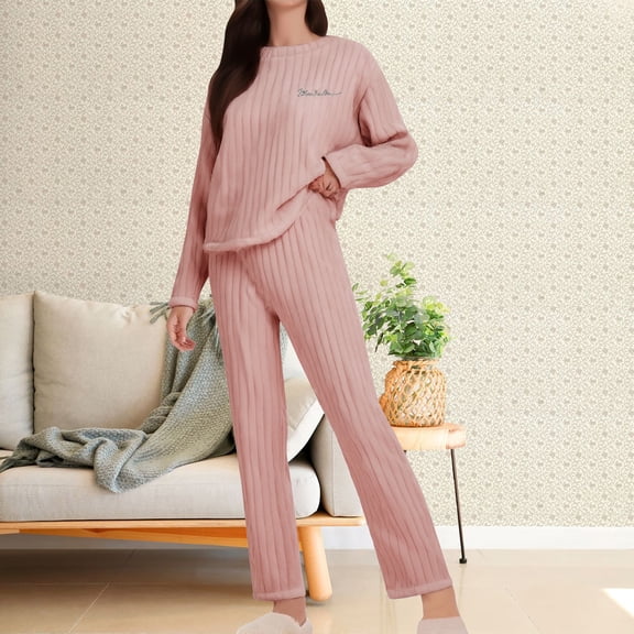 FUNUONY Fluffy Flannel Winter Pajamas for Women Plush Warm Fuzzy Pajama Set Triped Pajama Set Long Sleeve Top and Long Pants 2 Piece Sleepwear Loungewear Soft Cozy Pjs Pajamas