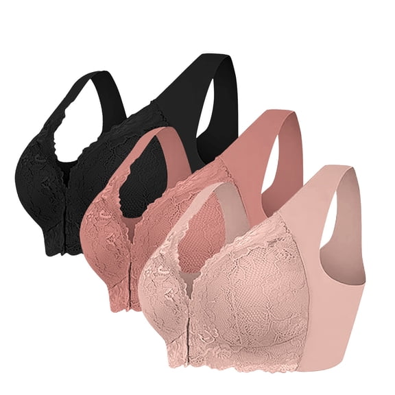 FUNUONY Full Coverage Bra for Women Plus Size Lace Wireless Bralette Side Support Bra Thin Laceless Comfortable Underwear Large Size Brater Buckle Female Bra V Neck Vest Bralette Wireless Bra L Xl
