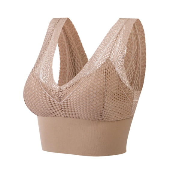 FUNUONY Full Coverage Bra for Women Plus Size Lace Wireless Bralette Side Support Bra Women Wide Shoulder Ice Bra Unwired Lace Bra Padded Slim Fit Bra Khaki L