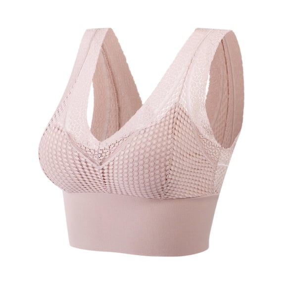 FUNUONY Full Coverage Bra for Women Plus Size Lace Wireless Bralette Side Support Bra Women Wide Shoulder Ice Bra Unwired Lace Bra Padded Slim Fit Bra Pink L