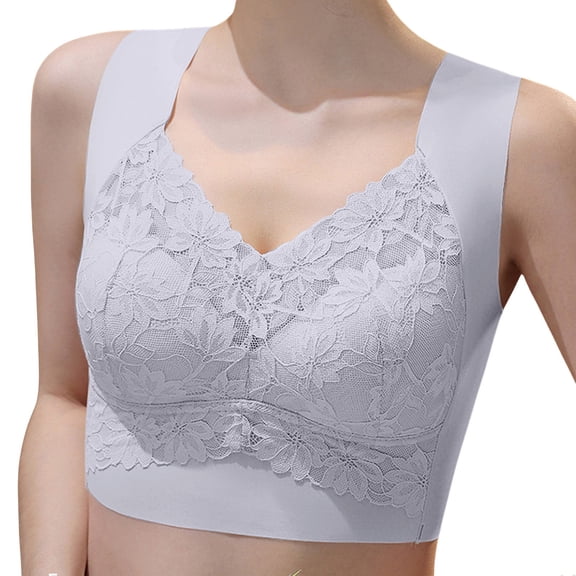 FUNUONY Full Coverage Bra for Women Plus Size Lace Wireless Bralette Side Support Bra Women's Comfortable New Lace Traceless Back Gathering Breathable No Rim Chest Cushion Sports Bra Light Blue 4Xl